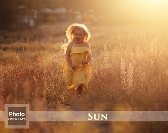 May include: A young girl in a yellow dress runs through a field of tall grass with the sun shining brightly behind her. The image is titled "SUN" and has the text "Photo Overlays" and "Mr. Lightroom" at the bottom.