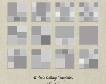 Può includere: Dodici diversi modelli di collage fotografico, ognuno con un layout unico di quadrati grigi. I modelli sono 30,48 cm per 30,48 cm e 300 dpi.