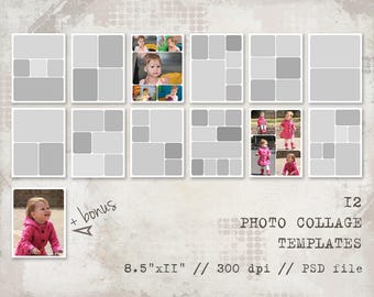 Può includere: Un set di 12 modelli di collage fotografico da utilizzare in Photoshop. I modelli sono progettati per essere utilizzati con carta da 21,6 x 27,9 cm e hanno una risoluzione di 300 dpi. I modelli sono in formato griglia con un numero diverso di quadrati in ogni modello.