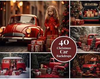 Christmas Car Digital Backdrops, Winter, Snow,  Bokeh Digital Background, Portraits, High-Resolution