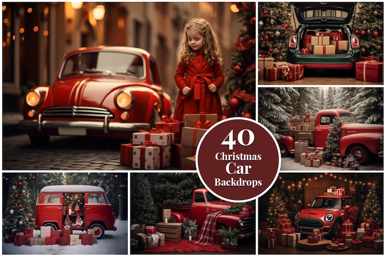 Christmas Car Digital Backdrops, Winter, Snow, Bokeh Digital Background, Portraits, High-Resolution image 1