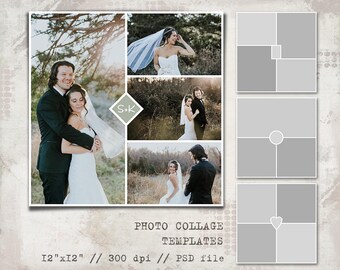 Può includere: Un modello di collage fotografico con uno sfondo rustico. Il modello è diviso in nove quadrati, con un cuore, un cerchio e una croce nei tre quadrati inferiori. Il testo "S+K", "PHOTO COLLAGE", "TEMPLATES", "12"x12"", "300 dpi" e "PSD file" è stampato nella parte inferiore del modello.