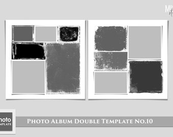 May include: A photo album template with a double page layout. The left page has a large gray rectangle with a smaller black rectangle and a gray square in the top left corner. The right page has a large gray rectangle with a smaller gray rectangle and a black rectangle in the bottom right corner. The text "PHOTO ALBUM DOUBLE TEMPLATE NO.10" is at the bottom of the image.