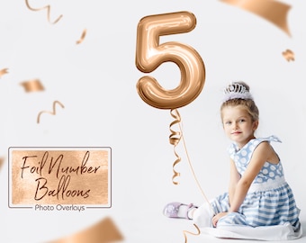 Foil Number  Balloons Photo Overlays, PNG, Rose Gold, Gold, Silver, Ribbon, Clip art, Birthday, Digital Backdrop, Holiday, Party