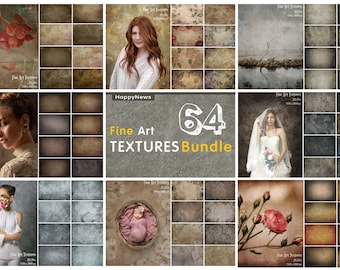 Op de afbeelding: Een collage van 64 digitale texturen in verschillende kleuren en stijlen, waaronder bloemenpatronen, grunge-texturen en abstracte ontwerpen. De tekst "64 Fine Art TEXTURES Bundle" wordt in het midden van de afbeelding weergegeven.