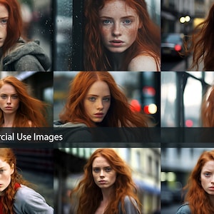 Pode incluir: Uma coleção de nove imagens com uma jovem de cabelo ruivo comprido. Ela usa uma variedade de roupas e posa em diferentes ambientes urbanos. As imagens são de alta qualidade e profissionais, e seriam perfeitas para uso em uma variedade de projetos comerciais.