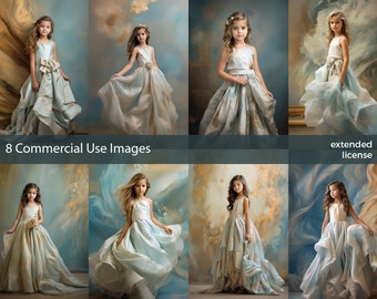 Stock Photos, Commercial Use Images, Little Girl Gold Aquamarine, 8 PNG Extended License, Generative AI,  High-Res Indoor