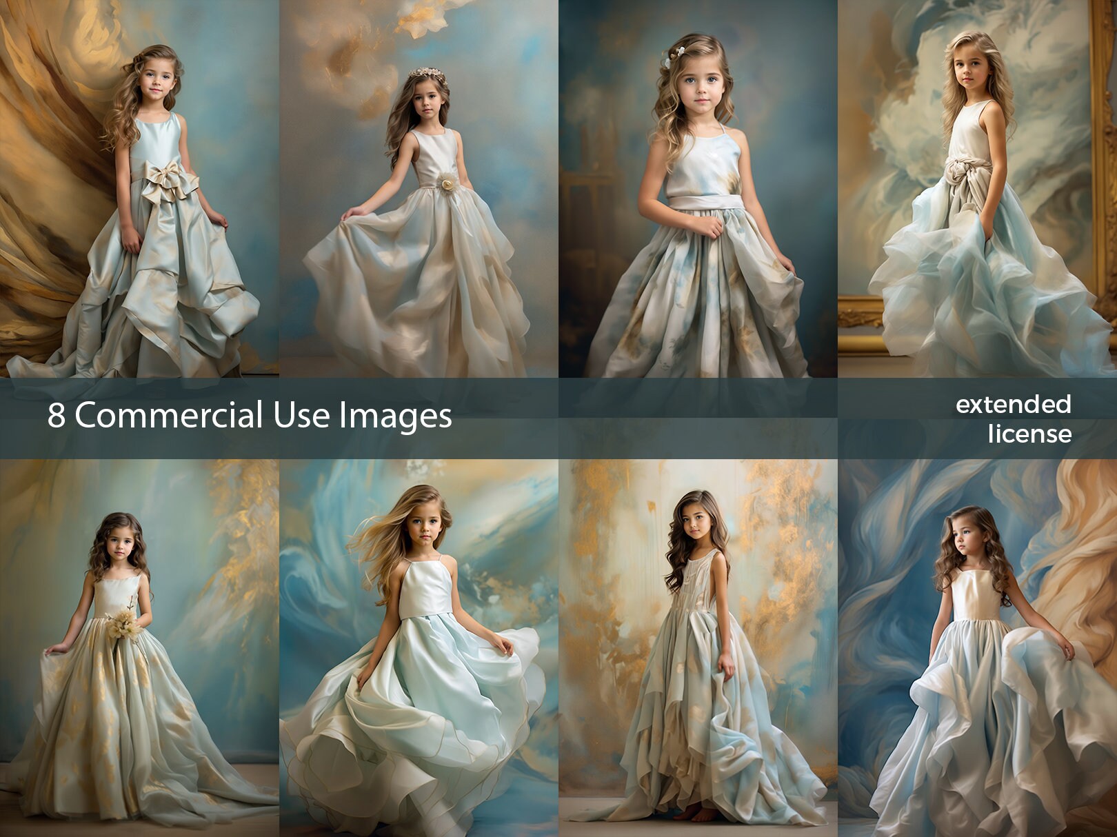 Stock Photos, Commercial Use Images, Little Girl Gold Aquamarine, 8 PNG Extended License, Generative AI,  High-Res Indoor