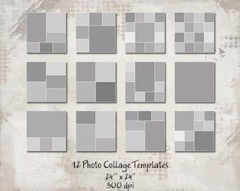 Può includere: Dodici modelli di collage fotografico, ognuno con un diverso layout di quadrati grigi, per una stampa di 61 cm per 61 cm a 300 dpi.