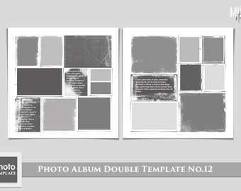 May include: A photo album template with a double page spread. The left page has a grid of nine photo frames with a distressed, textured look. The right page has a grid of six photo frames with a distressed, textured look. The text "PHOTO ALBUM DOUBLE TEMPLATE NO.12" is at the bottom of the image.