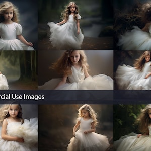 Pode incluir: Nove imagens de uma menina usando um vestido de tule branco em várias poses. A menina tem cabelo comprido e solto e é fotografada em uma variedade de cenários, incluindo uma floresta e um estúdio. As imagens estão disponíveis para uso comercial com uma licença estendida.