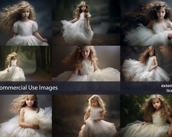 Stock Photos, Commercial Use Images,  Little Girl in a white tulle dress, 9 PNG, Extended License, Generative AI, girl photos, Hq stock set