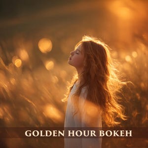以下が含まれることがあります： 長い赤毛の人が、金色の太陽光の中で野原に立っています。画像は、ぼやけた光のオーブを持つ、ボケ効果を特徴としています。下部のテキストは「GOLDEN HOUR BOKEH」と「Photo Overlays」です。