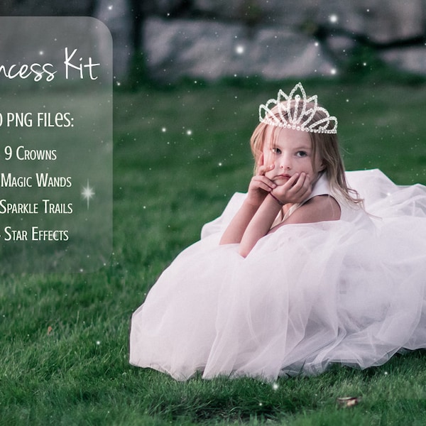 Princess Kit, 20 PNG, Photoshop overlay, Fantasy, Magic wand, Tiara, Magical fairy, Glitter trail, Star trail, Sparkle trai, Crown