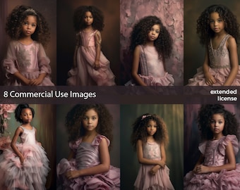 Stock Photos, Commercial Use Images,Portrait of a Little Girl with Curly Hair, 8 PNG Extended License, Generative AI,  High-Res Indoor