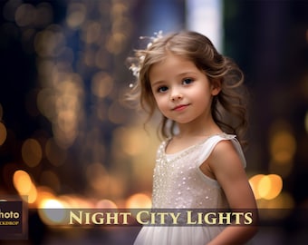 May include: A young girl in a white dress with sequins stands in front of a blurred background of golden lights. The text "NIGHT CITY LIGHTS" is at the bottom of the image.