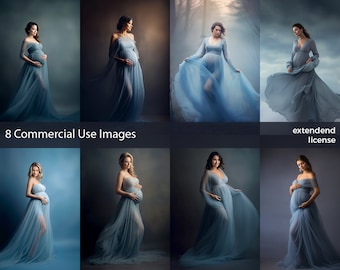 Stock Photos, Pregnant Women in Blue Dress, 8 PNG Commercial License, Generative ai,