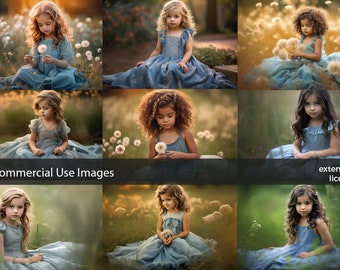 Stock Photos, Commercial Use Images, Little Girl in Blue Sitting on the Grass, 9 PNG, Extended License, Generative AI, girl photos, HD art