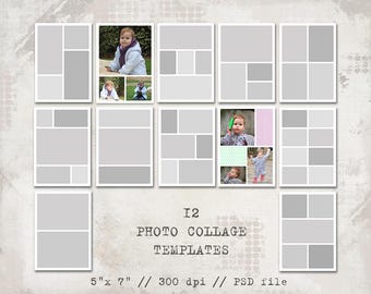 Può includere: Dodici modelli di collage fotografico per una foto di 12,7x17,8 cm. I modelli sono in una cornice bianca su uno sfondo grigio strutturato. I modelli sono divisi in diverse sezioni per le foto.