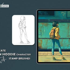Peut inclure: Ensemble d'art numérique pour Procreate avec 200 pinceaux de tampons de personnages. L'image montre une illustration numérique d'une fille en sweat à capuche et jean, avec un sac à dos, devant un fond turquoise. Un croquis de la fille est également montré.