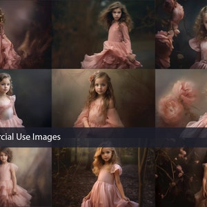 Pode incluir: Nove imagens digitais de uma menina usando um vestido rosa em várias poses e cenários. As imagens são de alta qualidade e apresentam uma estética suave e de sonho.