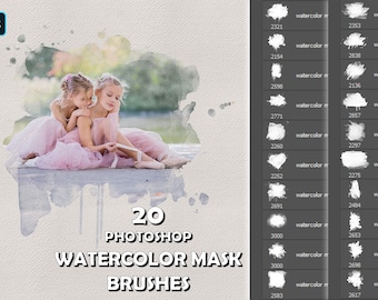 20 Watercolor Masks Brushes for Photoshop, Portrait Masks, Clipping Masks, Watercolor Overlays, Watercolor Textures, Watercolor Frame Brush