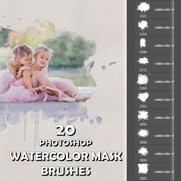 20 Watercolor Masks Brushes for Photoshop, Portrait Masks, Clipping Masks, Watercolor Overlays, Watercolor Textures, Watercolor Frame Brush