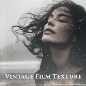 May include: A vintage-style image featuring a woman with wind-blown dark hair and closed eyes. The image has a textured, distressed effect, with the words "VINTAGE FILM TEXTURE" overlaid on the bottom.