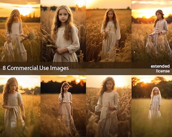 Stock Photos, Commercial Use Images, Girl in the Field at Sunset, 8 PNG Extended License, Generative AI,  High-Res Indoor
