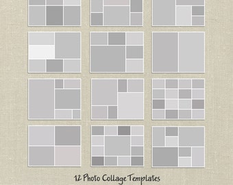 Può includere: Dodici modelli di collage fotografico, ognuno con un diverso layout di rettangoli per le immagini. I modelli misurano 8,5 pollici per 11 pollici e 300 dpi.