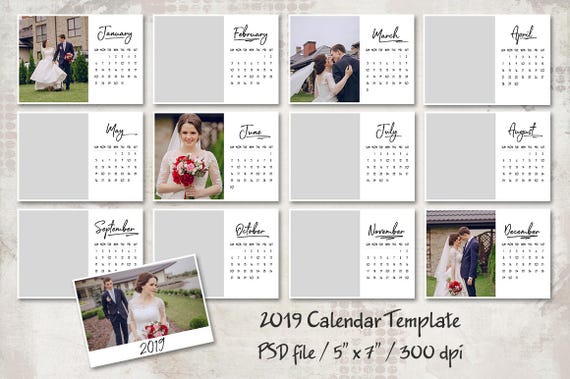 2019 calendar template 5x7 personalized calendar pocket calendar printable landscape calendar layered digital psd photographer template personalized pocket calendar