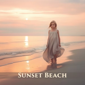 May include: A young girl in a light beige dress walks along a sandy beach at sunset. The sky is a soft pink and orange, and the water is reflecting the colors of the sunset. The text "SUNSET BEACH" is printed in white on the bottom of the image.