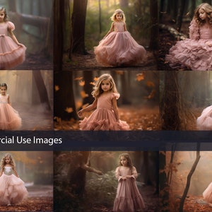 Fotos de banco de imagens, imagens para uso comercial, menina de vestido rosa na floresta, 9 PNGs, licença estendida, IA generativa, fotos de meninas, conjunto