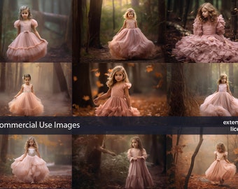 Stock Photos, Commercial Use Images, Little Girl in a Pink Dress in the Forest, 9 PNG, Extended License, Generative AI, girl photos, set