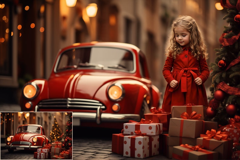 Christmas Car Digital Backdrops, Winter, Snow, Bokeh Digital Background, Portraits, High-Resolution image 4