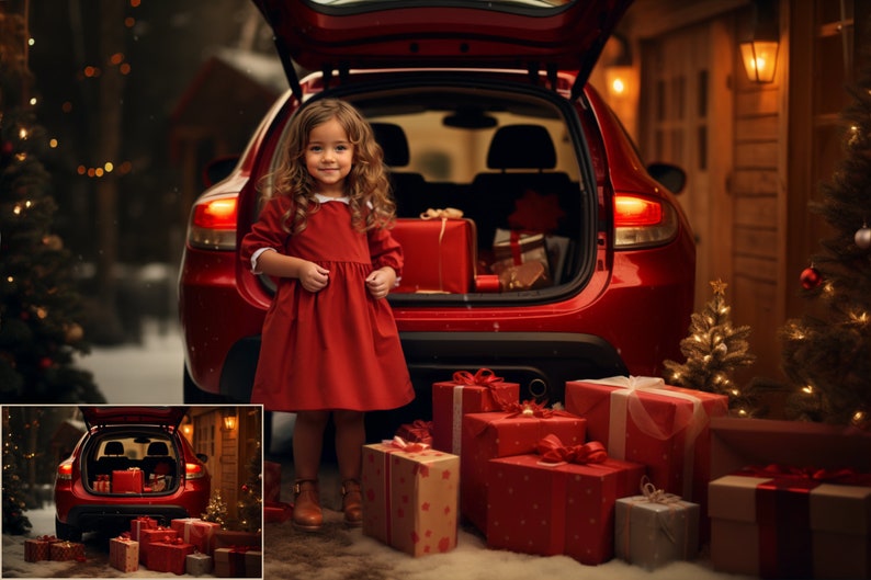 Christmas Car Digital Backdrops, Winter, Snow, Bokeh Digital Background, Portraits, High-Resolution image 5