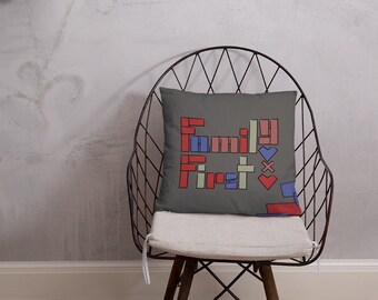 Family First Pillow – Modern Geometric Lettering, Housewarming Gift