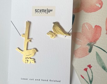 Asymmetrical Bird Earrings: Brushed Gold Dipped Brass, Lebanese Design