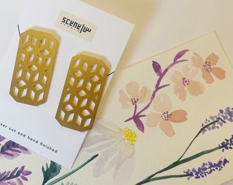 Art Deco Gold Plated Earrings: Patterned Brass Dangle Earrings