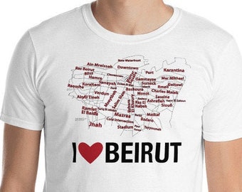 I love Beirut with Map of Neighborhoods Unisex T-Shirt - for her or for him - Lebanon T-shirt