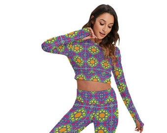 Legging Sport Set With Backless Top for Woman with Thumbhole & colorful pattern