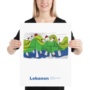 Poster Libanon grillige topografische illustratie - bergvallei en zee