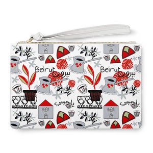 Beirut Clutch Bag - Lebanon souvenir bag Lebanese house and coffee illustration