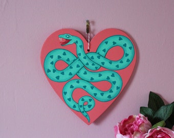 Peinture murale originale Love Snake en bois par Betty & The Lovecats