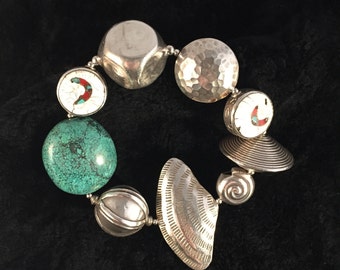 Fine Thai Silver Bracelet with Coral & Turquoise Infused Tibetan  Naga Shell