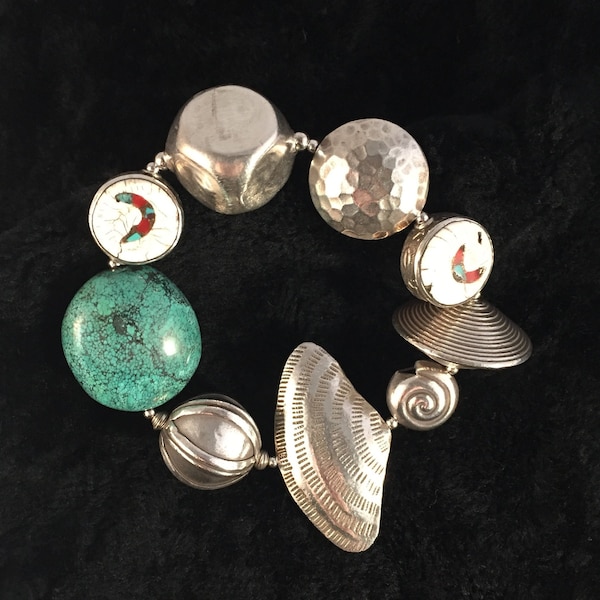 Fine Thai Silver Bracelet with Coral & Turquoise Infused Tibetan  Naga Shell