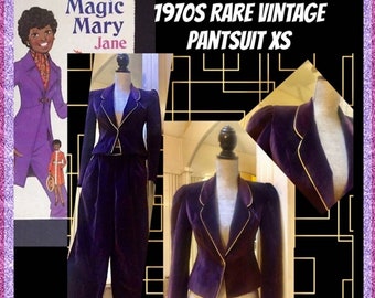 Vintage 70s Purple Rain Velvet Gold Trim Pantsuit Suit
