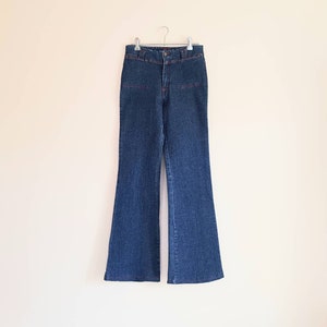 Vintage 70s Dark Blue Flare Bell Bottom Jeans with Red Contrast Stitching