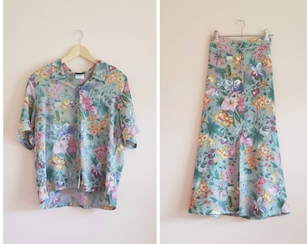Vintage 80s Green Floral Collared Blouse Button Down Skirt Set
