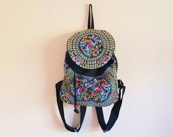 big face cat Ethnic Embroidery Hemp Material Backpack Womens Small Bag Embroidery Backpack,Brown,Free Size